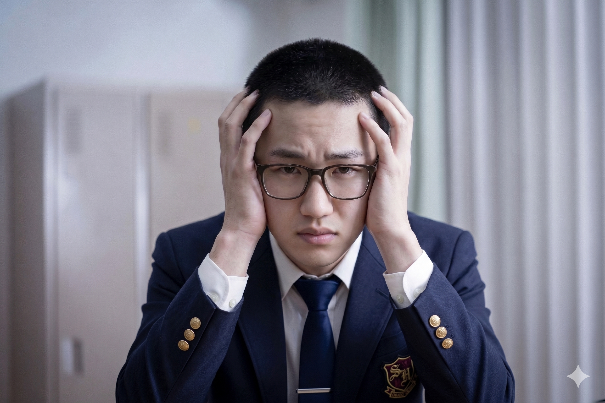 勉強の悩みで頭を抱える男子生徒